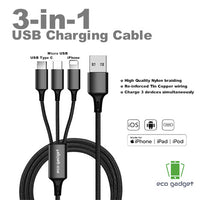 3-in-1 Nylon braided USB Charging Cable - 1.2metres