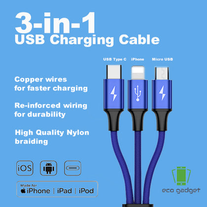 3-in-1 Nylon braided USB Charging Cable - 1.2metres